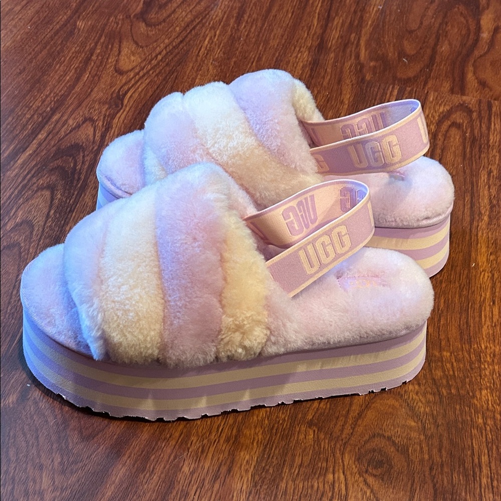 UGG Pastel Fluffy Platform Sandals Disco Stripe Slide Sandal